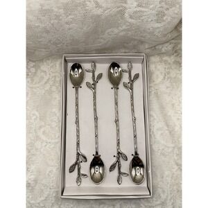 Zodax Leaves Cocktail Spoons Set of 4 Silver Tone Twig Handle IN-7312 New